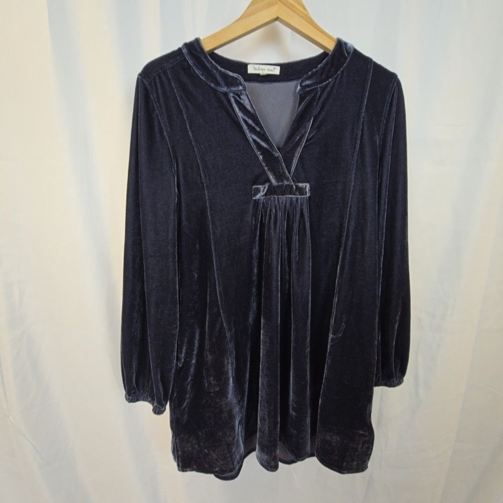 Indigo Soul Blouse Womens Large Blue Velvet V Neck Long Sleeve Tunic Top Soft